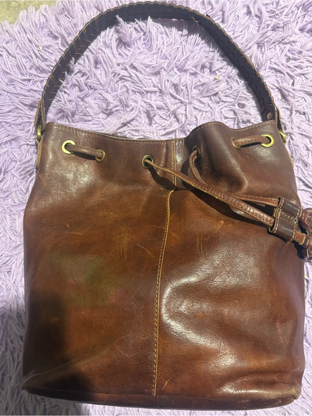 Brown Leather Drawstring Shoulder Bucket Bag